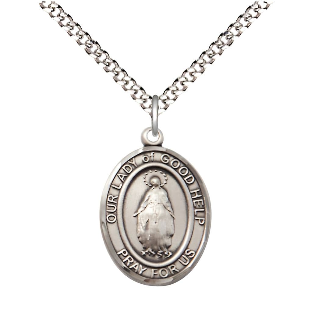 Our Lady of Good Help Pewter Engravable Medal Necklace, 3/4-inch, Made in USA by Bliss,