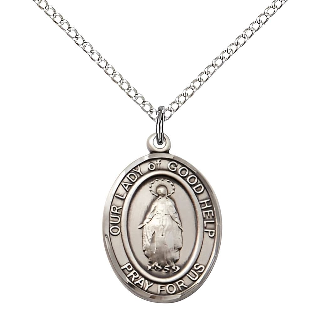 Our Lady of Good Help Sterling Silver Engravable Medal Necklace with Sterling Chain, 3/4-inch,