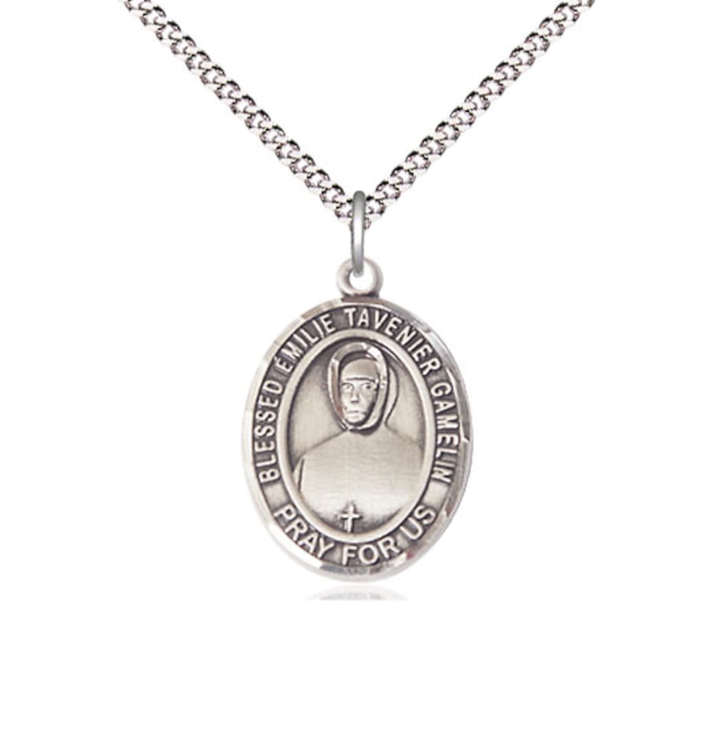 Bliss Pewter Blessed Emilie Tavernier Gamelin Pendant on a 18 inch Light Rhodium Light Curb Chain,