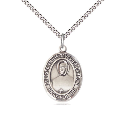 Pewter Blessed Emilie Tavernier Gamelin Pendant on a 18 inch Light Rhodium Light Curb Chain, Bliss Manufacturing