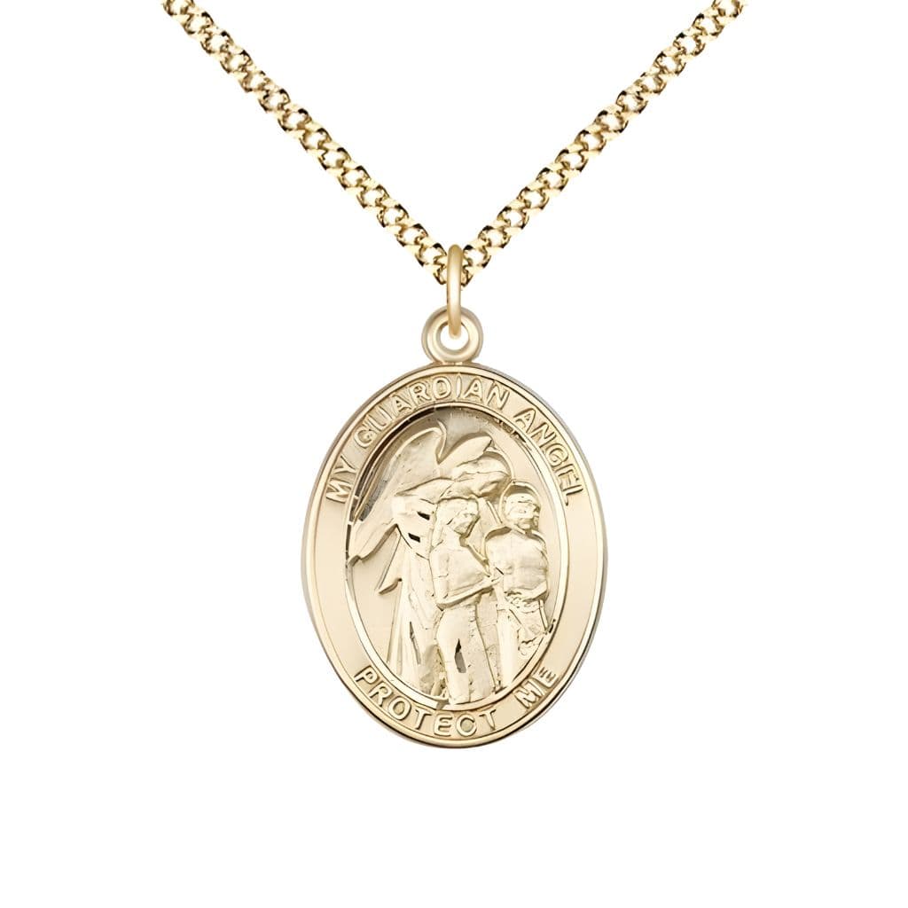 Guardian Angel with Children 14kt Gold-filled Oval Medal Pendant with Gold-plated Chain, Measures 3/4-inch tall by 1/2-inch wide. Deluxe Gift Box, Bliss Manufacturing