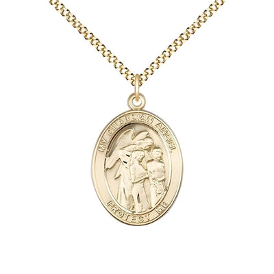 Guardian Angel with Children 14kt Gold-filled Oval Medal Pendant with Gold-plated Chain, Measures 3/4-inch tall by 1/2-inch wide. Deluxe Gift Box, Bliss Manufacturing