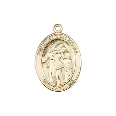 Guardian Angel with Children 14kt Gold Oval Medal Pendant, Measures 3/4-inch tall by 1/2-inch wide. Deluxe Gift Box, Bliss Manufacturing