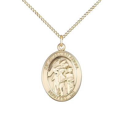 Guardian Angel with Children 14kt Gold Oval Medal Pendant with 14kt Gold Chain, Measures 3/4-inch tall by 1/2-inch wide. Deluxe Gift Box, Bliss Manufacturing