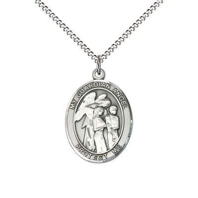 Guardian Angel with Children Pewter Oval Medal Pendant with Rhodium-plated Chain, Measures 3/4-inch tall by 1/2-inch wide. Deluxe Gift Box, Bliss Manufacturing