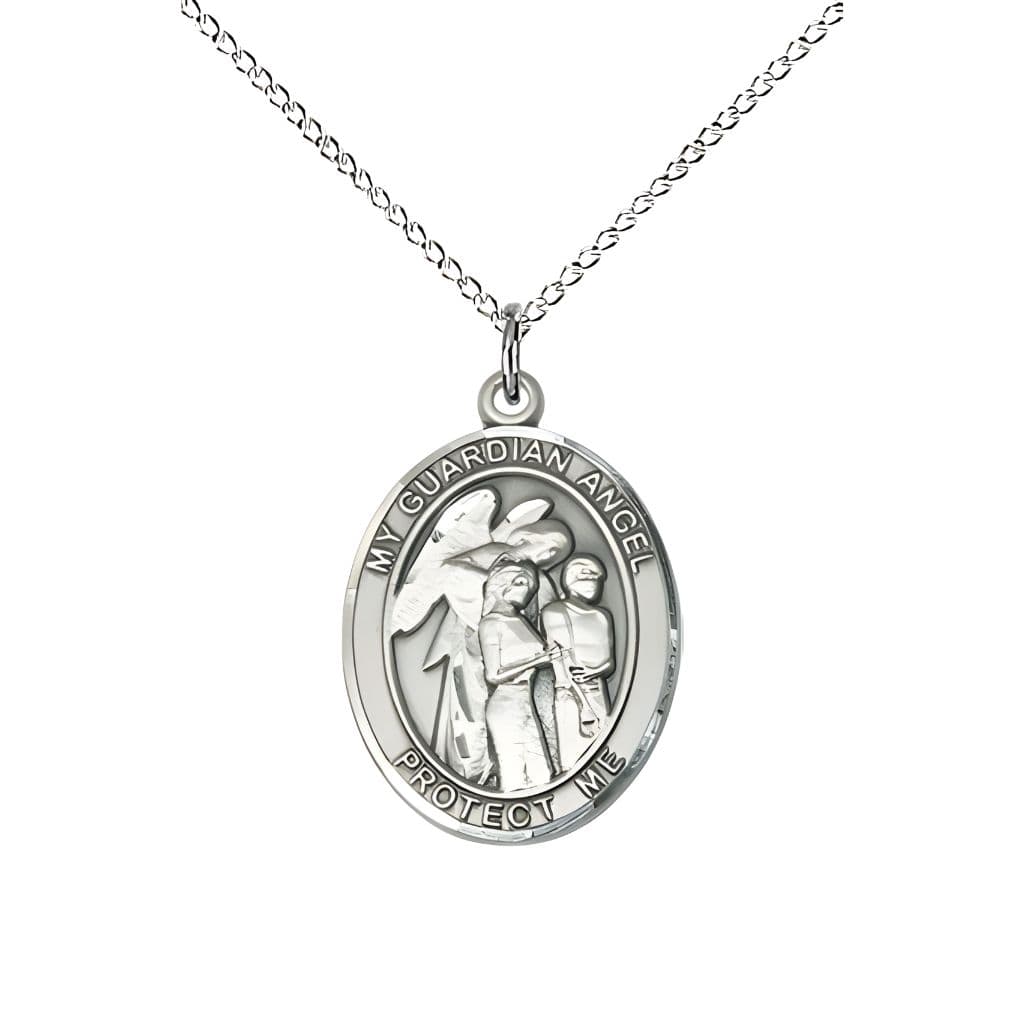 Guardian Angel with Children Sterling Silver Oval Medal Pendant with Sterling Silver Chain, Measures 3/4-inch tall by 1/2-inch wide. Deluxe Gift Box, Bliss Manufacturing