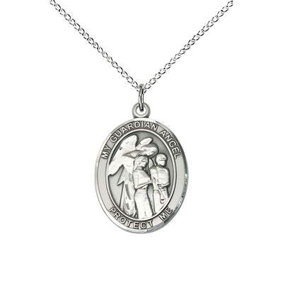 Guardian Angel with Children Sterling Silver Oval Medal Pendant with Sterling Silver Chain, Measures 3/4-inch tall by 1/2-inch wide. Deluxe Gift Box, Bliss Manufacturing