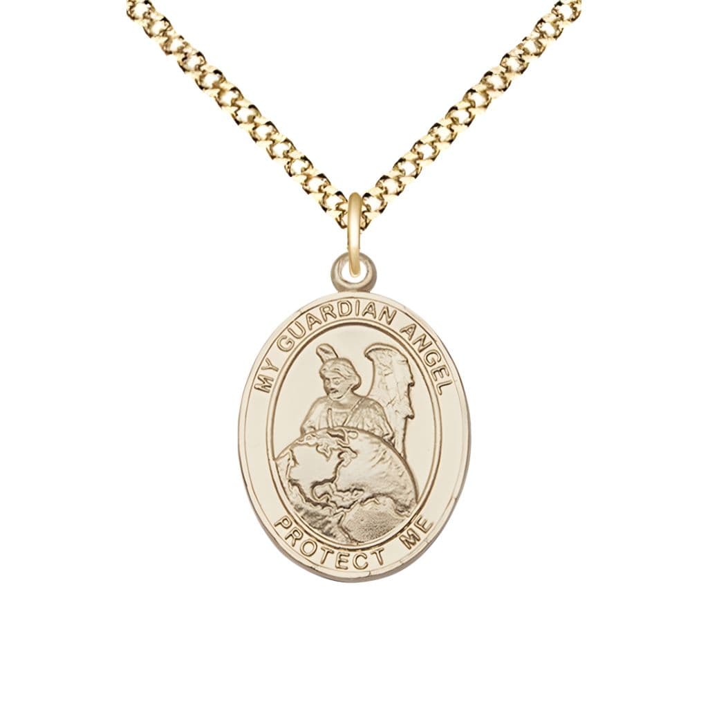 Bliss Guardian Angel Protector 14kt Gold-filled Oval Medal Pendant with Gold-plated Chain, Measures 3/4-inch tall by 1/2-inch wide. Deluxe Gift Box.