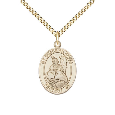 Guardian Angel Protector 14kt Gold-filled Oval Medal Pendant with Gold-plated Chain, Measures 3/4-inch tall by 1/2-inch wide. Deluxe Gift Box, Bliss Manufacturing
