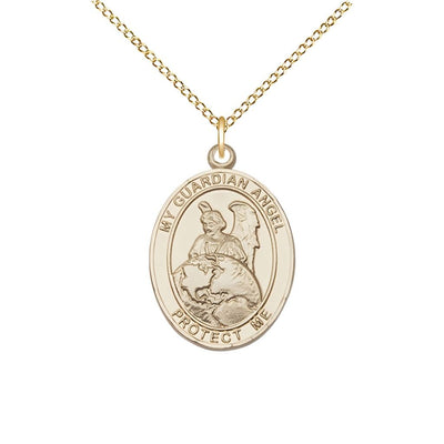 Guardian Angel Protector 14kt Gold-filled Oval Medal Pendant with Gold-filled Chain, Measures 3/4-inch tall by 1/2-inch wide. Deluxe Gift Box, Bliss Manufacturing