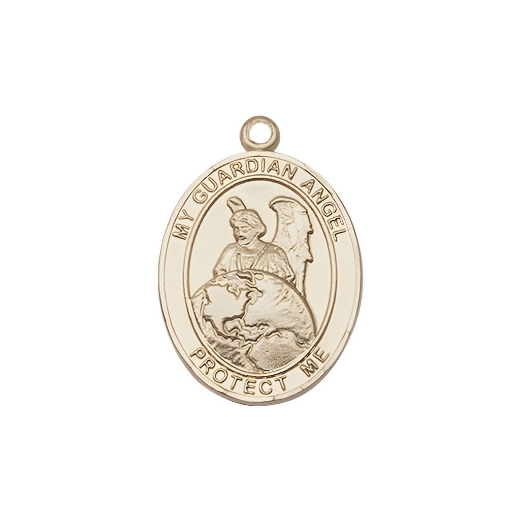 Guardian Angel of the World 14kt Gold Oval Medal Pendant, Measures 3/4-inch tall by 1/2-inch wide. Deluxe Gift Box, Bliss Manufacturing