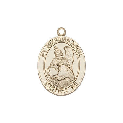 Guardian Angel of the World 14kt Gold Oval Medal Pendant, Measures 3/4-inch tall by 1/2-inch wide. Deluxe Gift Box, Bliss Manufacturing