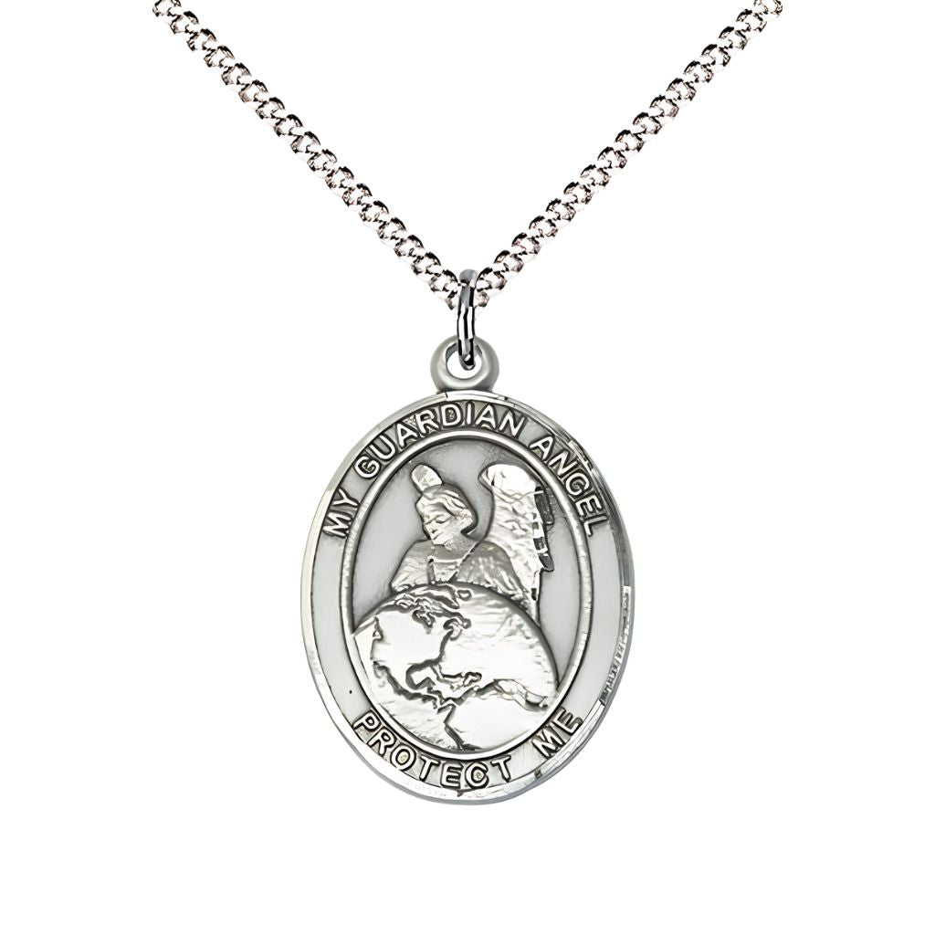 Bliss Guardian Angel Protector Sterling Silver Oval Medal Pendant with Rhodium-plated Chain, Measures 3/4-inch tall by 1/2-inch wide. Deluxe Gift Box.