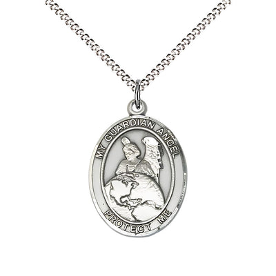 Guardian Angel Protector Sterling Silver Oval Medal Pendant with Rhodium-plated Chain, Measures 3/4-inch tall by 1/2-inch wide. Deluxe Gift Box, Bliss Manufacturing