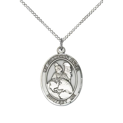 Guardian Angel Protector Sterling Silver Oval Medal Pendant with Sterling Chain, Measures 3/4-inch tall by 1/2-inch wide. Deluxe Gift Box, Bliss Manufacturing