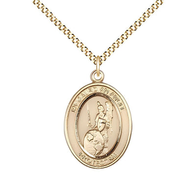 Guardian Angel of the World 14kt Gold-filled Oval Medal Pendant with Gold-plated Chain, Measures 3/4-inch tall by 1/2-inch wide. Deluxe Gift Box, Bliss Manufacturing