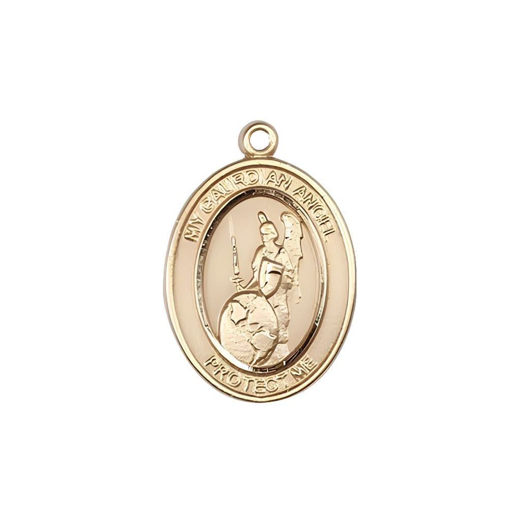 Guardian Angel of the World 14kt Gold Oval Medal Pendant, Measures 3/4-inch tall by 1/2-inch wide. Deluxe Gift Box, Bliss Manufacturing