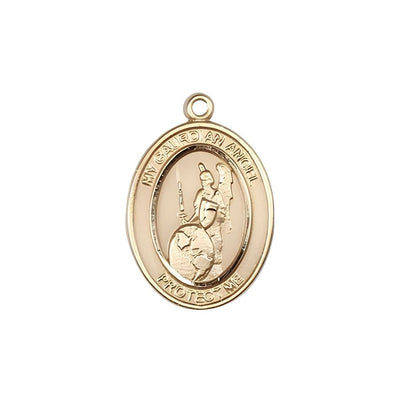 Guardian Angel of the World 14kt Gold Oval Medal Pendant, Measures 3/4-inch tall by 1/2-inch wide. Deluxe Gift Box, Bliss Manufacturing