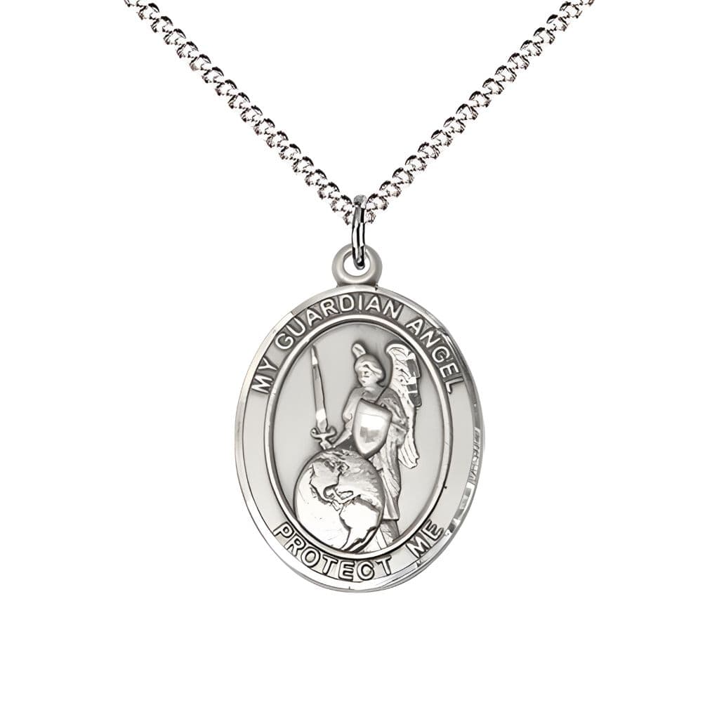 Bliss Guardian Angel of the World Sterling Silver Oval Medal Pendant with Rhodium-plated Chain, Measures 3/4-inch tall by 1/2-inch wide. Deluxe Gift Box.