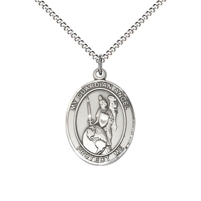 Guardian Angel of the World Sterling Silver Oval Medal Pendant with Rhodium-plated Chain, Measures 3/4-inch tall by 1/2-inch wide. Deluxe Gift Box, Bliss Manufacturing