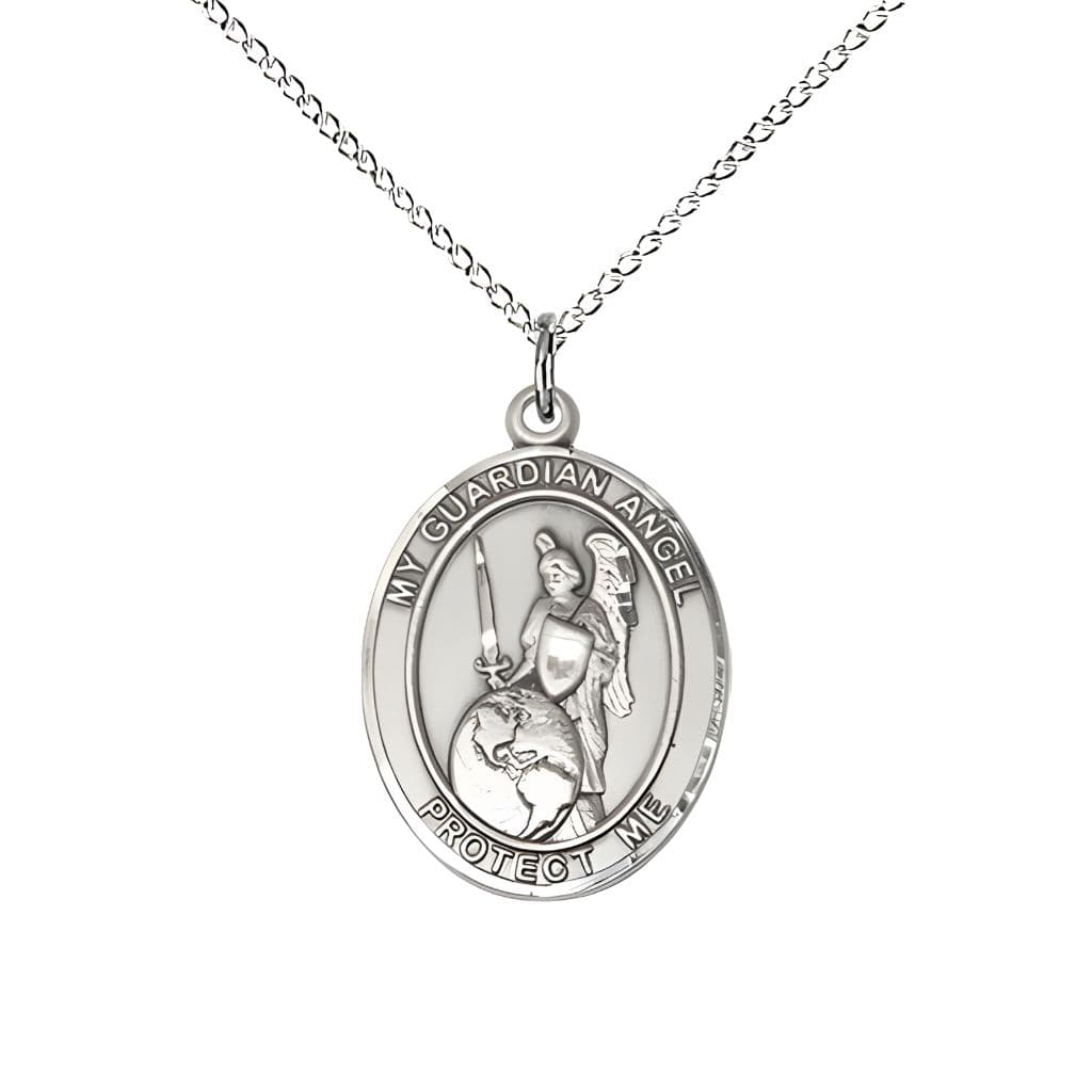 Bliss Guardian Angel of the World Sterling Silver Oval Medal Pendant with Sterling Silver Chain, Measures 3/4-inch tall by 1/2-inch wide. Deluxe Gift Box.