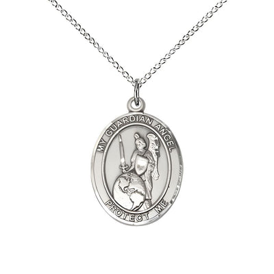 Guardian Angel of the World Sterling Silver Oval Medal Pendant with Sterling Silver Chain, Measures 3/4-inch tall by 1/2-inch wide. Deluxe Gift Box, Bliss Manufacturing
