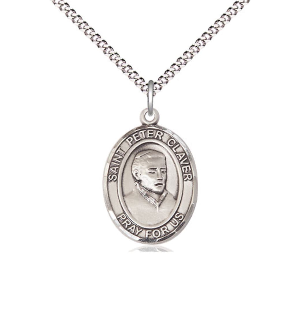 Bliss St Peter Claver Pewter Oval Engravable Medium Medal Necklace with Chain,