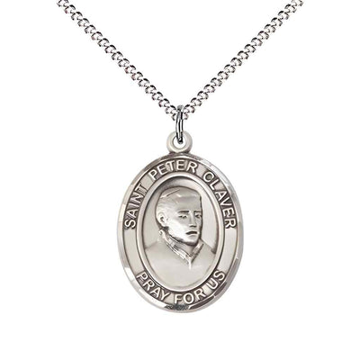 Medium Saint Peter Claver Pewter Oval Medal Pendant with Rhodium-plated Chain with Deluxe Gift Box | Bliss Manufacturing