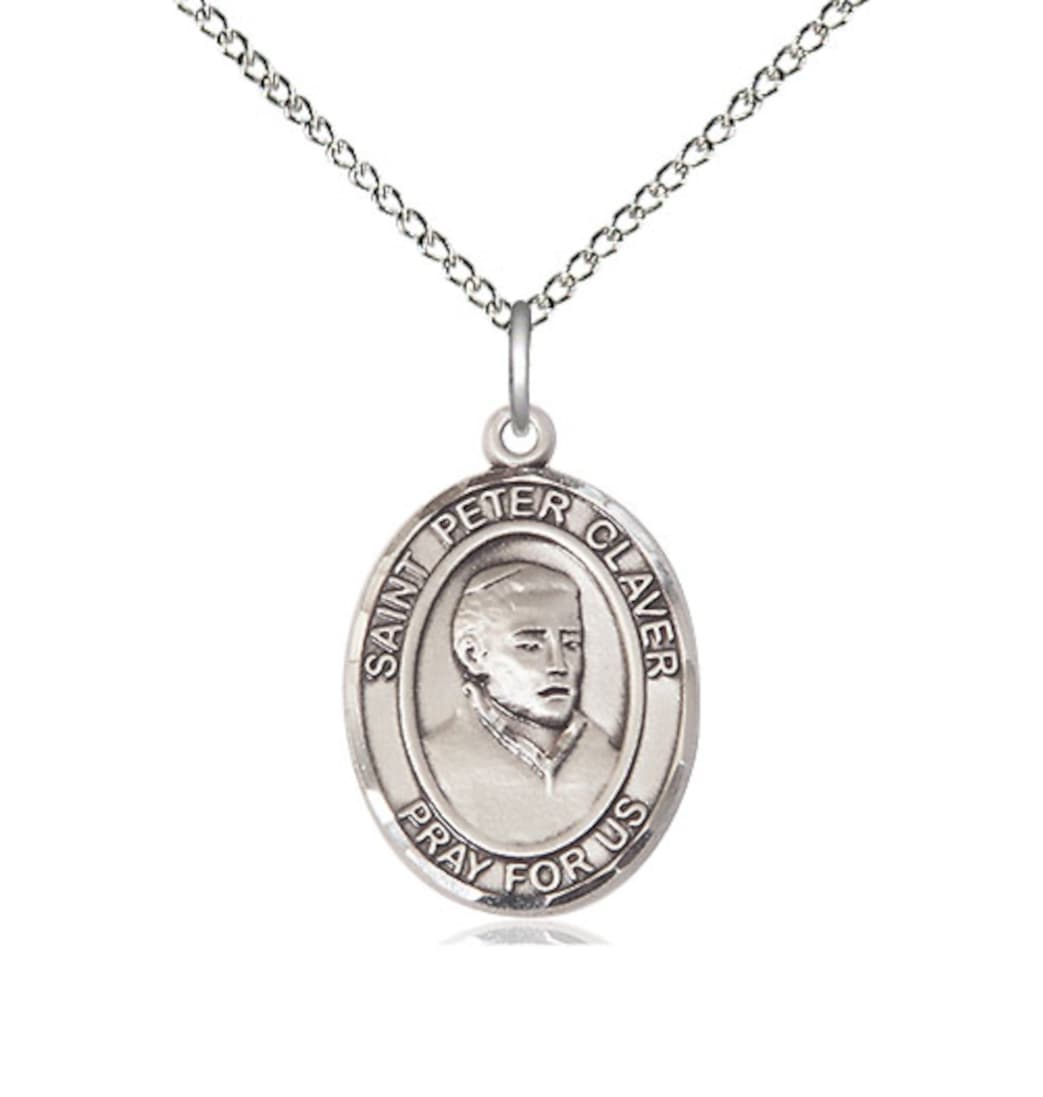 Bliss St Peter Claver Sterling Silver Oval Medium Medal Necklace with Plated Chain,