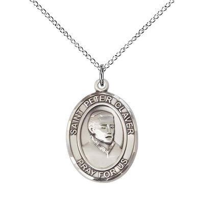 Medium Saint Peter Claver Sterling Silver Oval Medal Pendant with Sterling Silver Chain with Deluxe Gift Box | Bliss Manufacturing