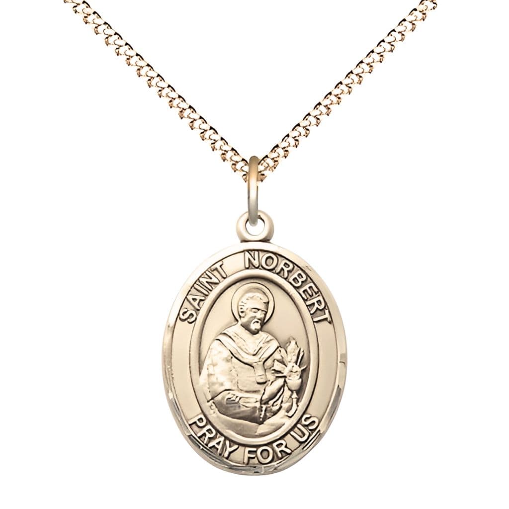 St. Norbert of Xanten Gold-filled Oval Engravable Medal with Gold-plated Chain, 3/4-inch,