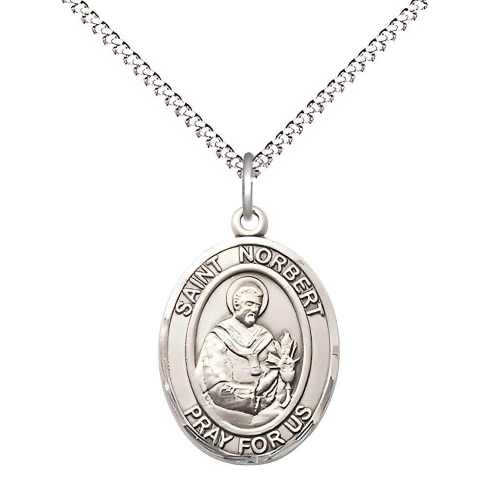 St. Norbert of Xanten Pewter Oval Engravable Medal Necklace, 3/4-inch, Plated Chain,