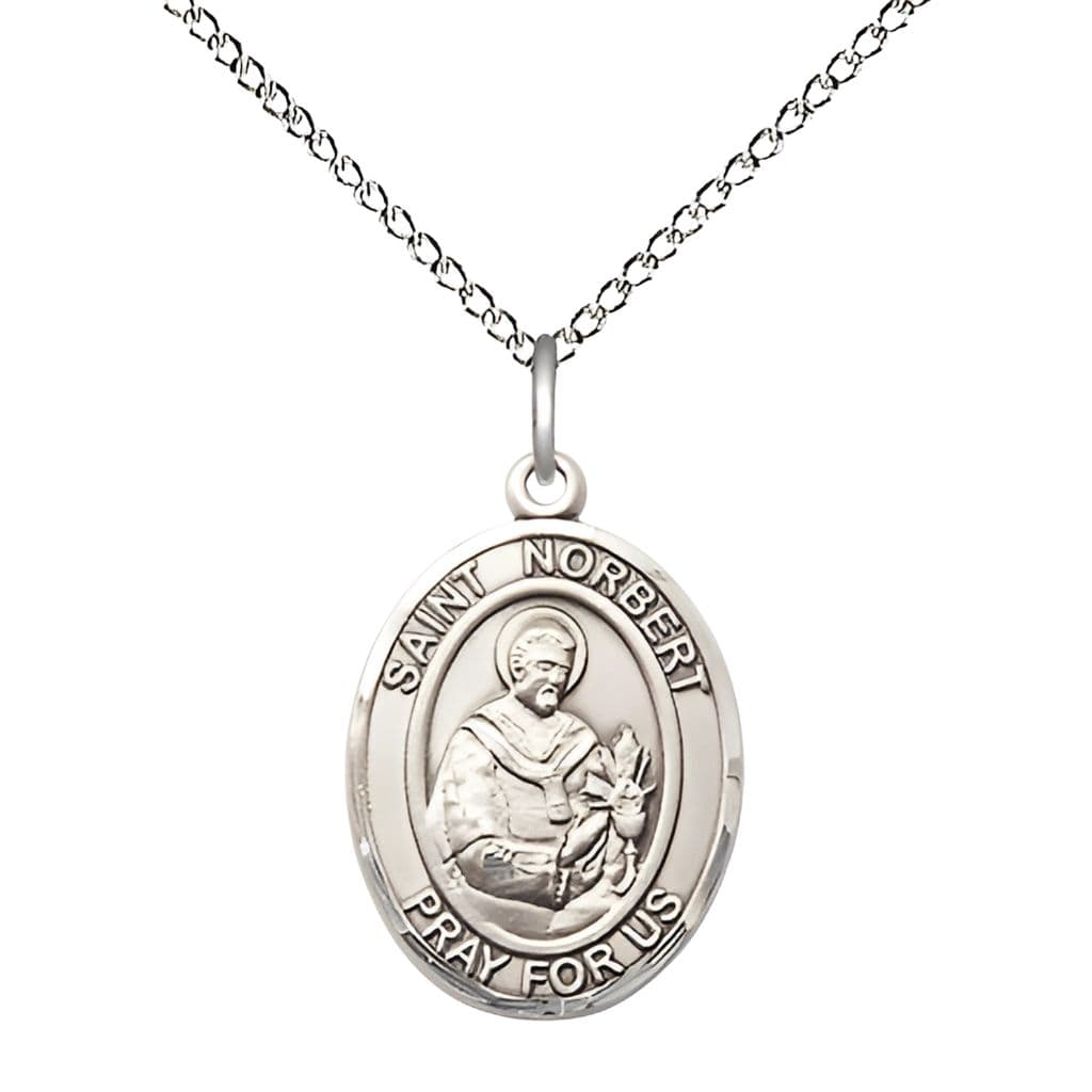 St. Norbert of Xanten Sterling Silver Oval Engravable Medal Necklace with Sterling Chain, 3/4-inch,