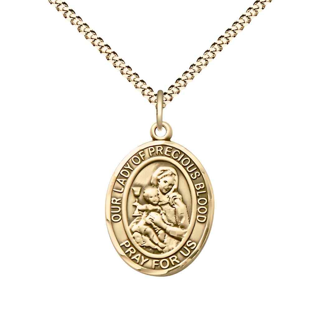 Medium Our Lady of the Precious Blood 14kt Gold-filled Oval Medal Pendant with Gold-plated Chain, Deluxe Gift Box.