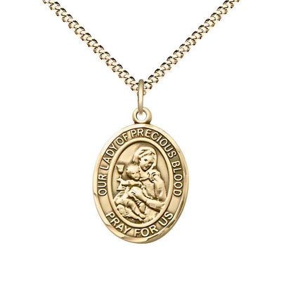 Medium Our Lady of the Precious Blood 14kt Gold-filled Oval Medal Pendant with Gold-plated Chain, Deluxe Gift Box.