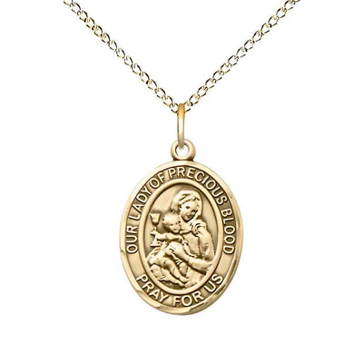 Medium Our Lady of the Precious Blood 14kt Gold-filled Oval Medal Pendant with Gold-filled Chain, Deluxe Gift Box.