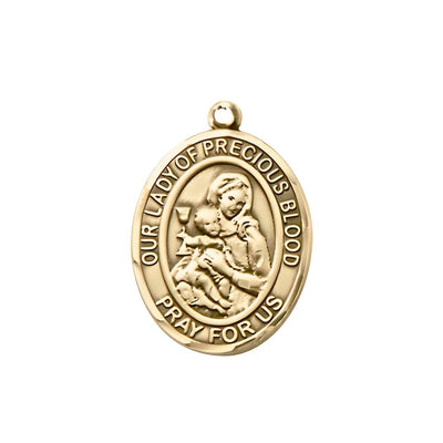 Medium Our Lady of the Precious Blood 14kt Gold Oval Medal Pendant, Deluxe Gift Box.