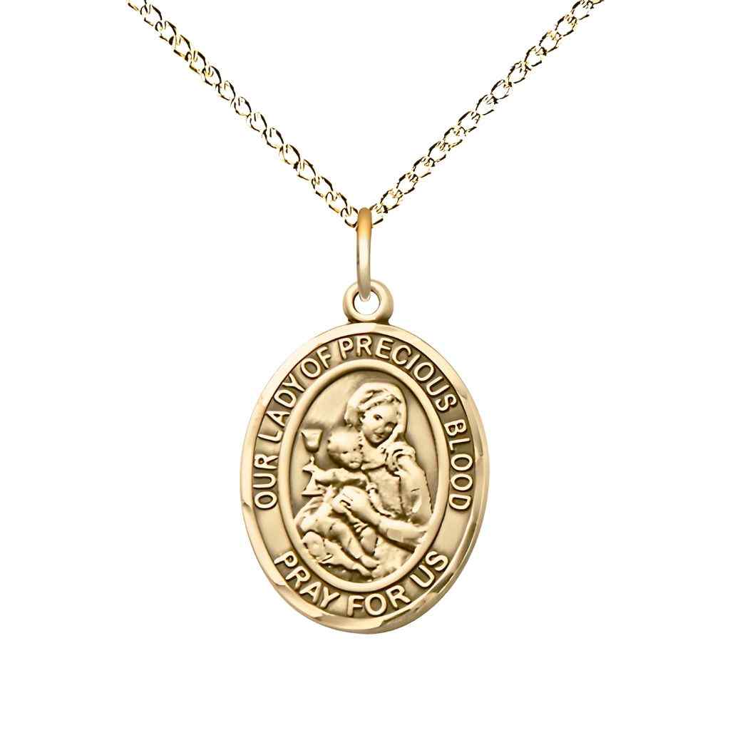 Medium Our Lady of the Precious Blood 14kt Gold Oval Medal Pendant with 14kt Gold Chain, Deluxe Gift Box.