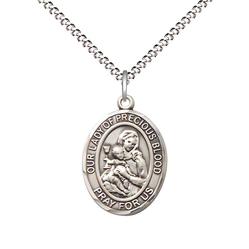 Medium Our Lady of the Precious Blood Pewter Oval Medal Pendant with Rhodium-plated Chain, Deluxe Gift Box.