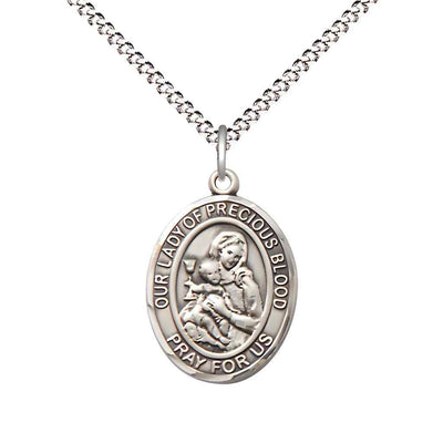 Medium Our Lady of the Precious Blood Sterling Silver Oval Medal Pendant with Rhodium-plated Chain, Deluxe Gift Box.