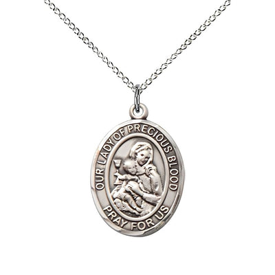 Medium Our Lady of the Precious Blood Sterling Silver Oval Medal Pendant with Sterling Silver Chain, Deluxe Gift Box.