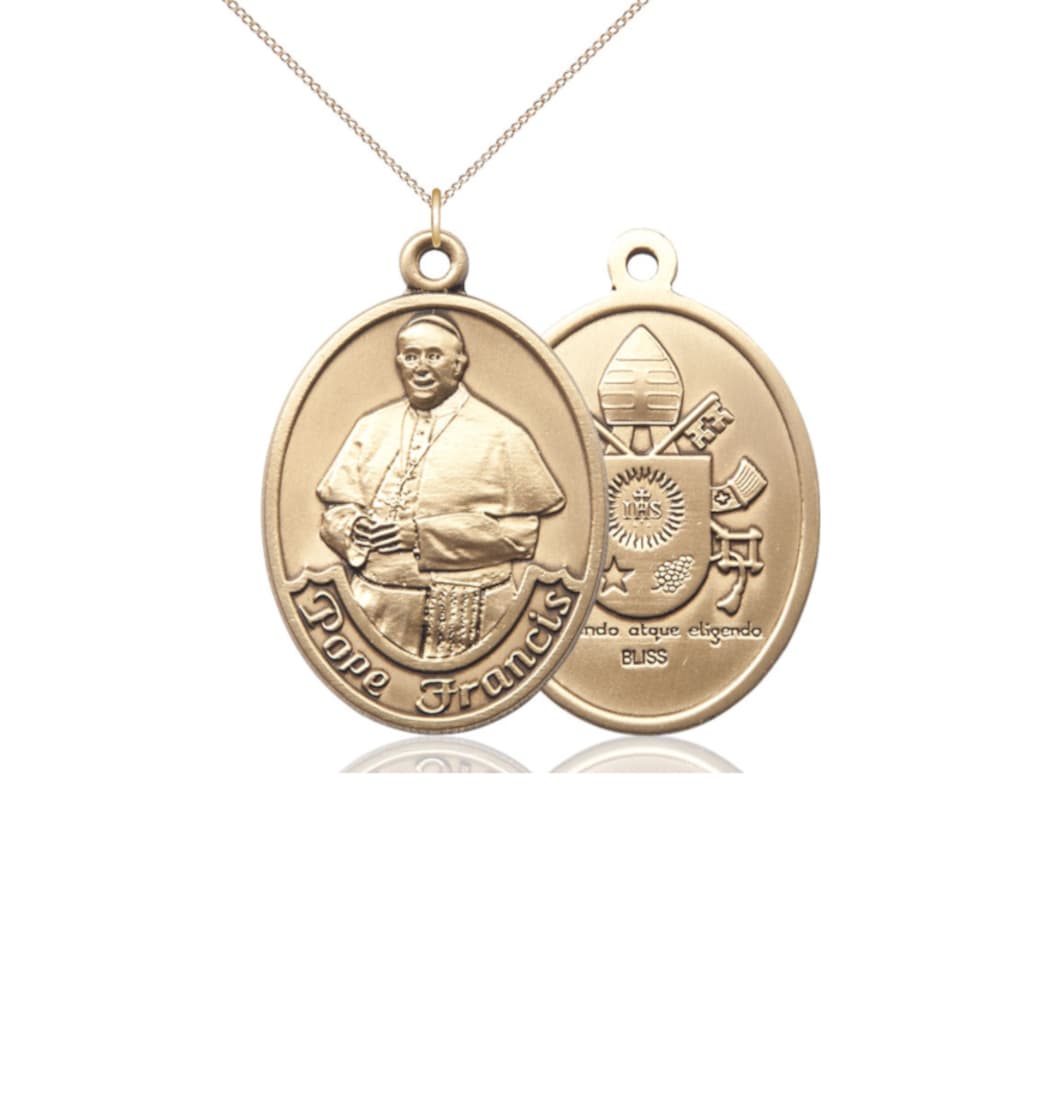 Bliss Manufacturing Pope Francis 14kt Gold Oval medium Medal Pendant with 14kr Chain,8451KT,