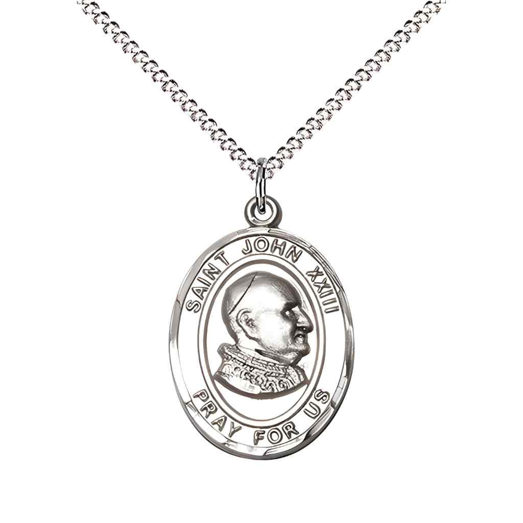 Medium Saint John XXIII Sterling Silver Oval Medal Pendant with 18" Rhodium-plated Curb Chain with Deluxe Gift Box | Bliss Manufacturing