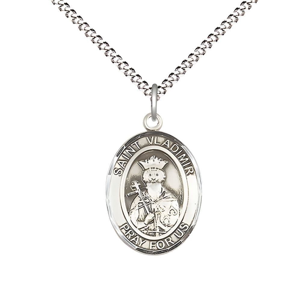 Bliss St. Vladimir Pewter Oval Medal Pendant with Rhodium-plated Chain, Measures 3/4-inch tall by 1/2-inch wide.