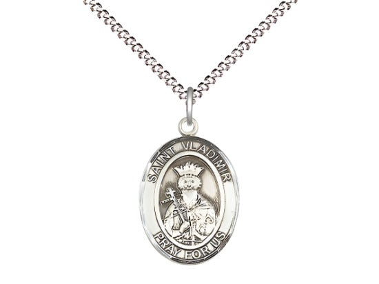 Medium Bliss Sterling Silver St. Vladimir Pendant on a 18 inch Light Rhodium-plated Light Curb Chain,