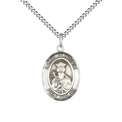 St. Vladimir Sterling Silver Oval Medal Pendant with Rhodium-plated Chain, Measures 3/4-inch tall by 1/2-inch wide, Bliss Manufacturing