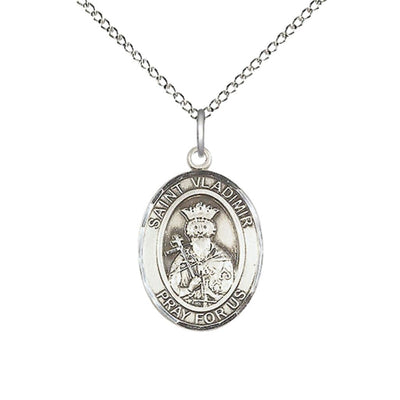 St. Vladimir Sterling Silver Oval Medal Pendant with Sterling Chain, Measures 3/4-inch tall by 1/2-inch wide, Bliss Manufacturing