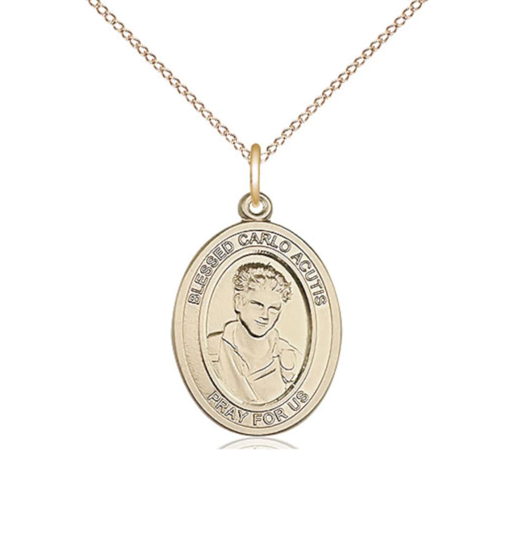 Bliss Blessed Carlo Acutis Gold-filled Oval Engravable Medium  Medal Necklace,Gold-filled Chain,