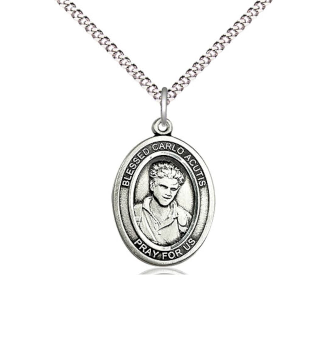 Bliss Blessed Carlo Acutis Pewter Medium Oval Engravable Medal Necklace,