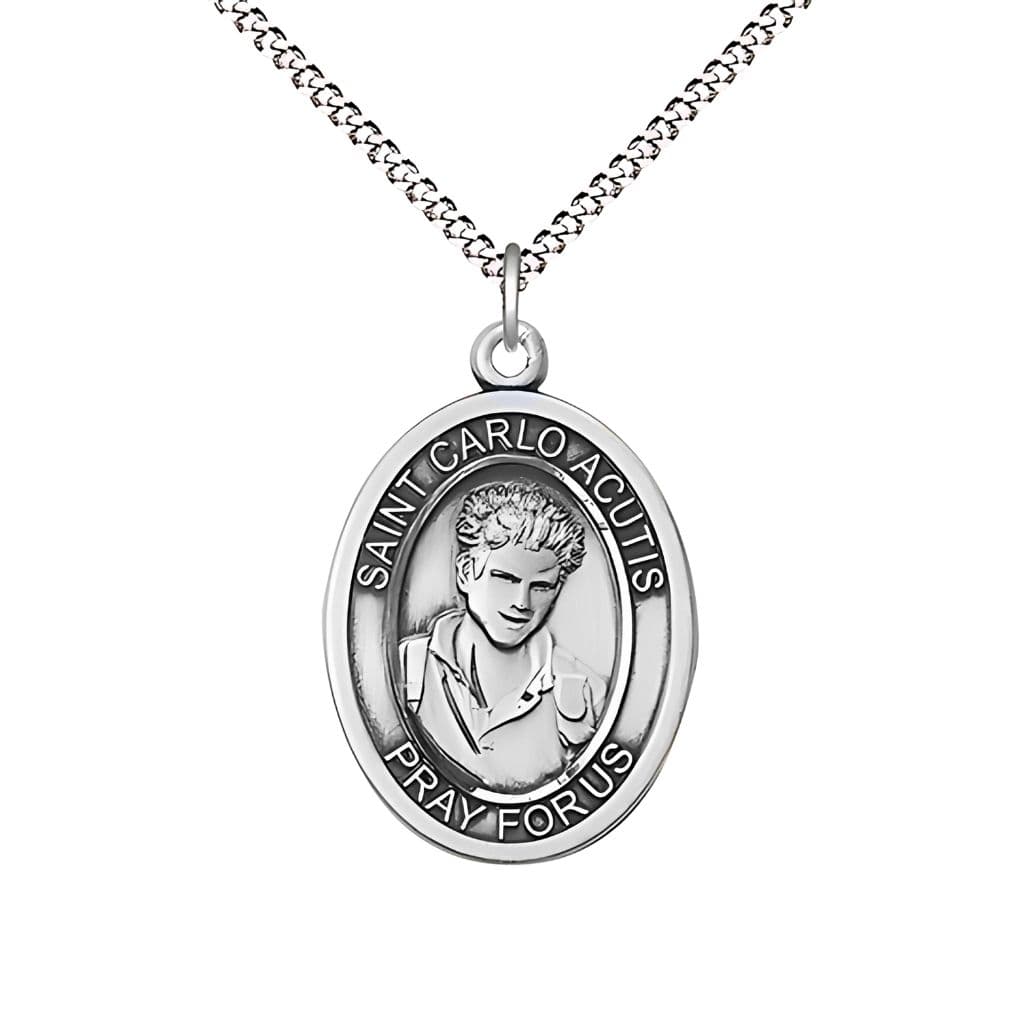 St. Carlo Acutis Sterling Silver Engravable 3/4"  Oval Medal with Plated Chain,